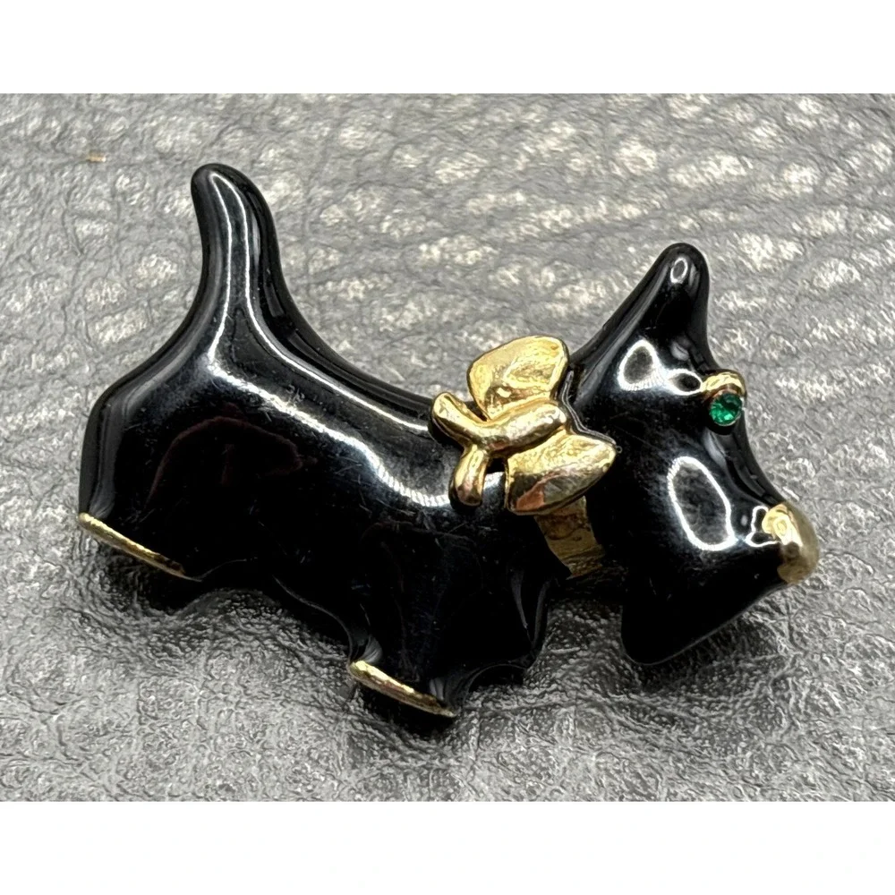Vintage Black Enamel Scottie Dog Gold Tone Brooch Pin Green Crystal Eyes